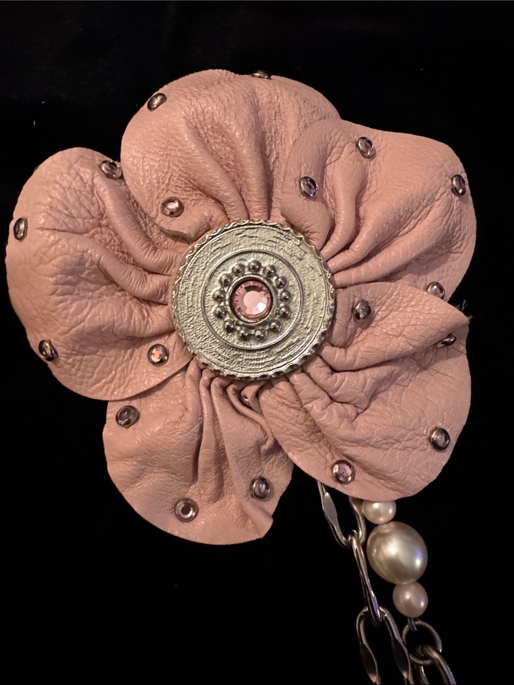 Cache Pink Leather Flower with Rhinestones Silver-Tone Chain Belt Pearl Accents